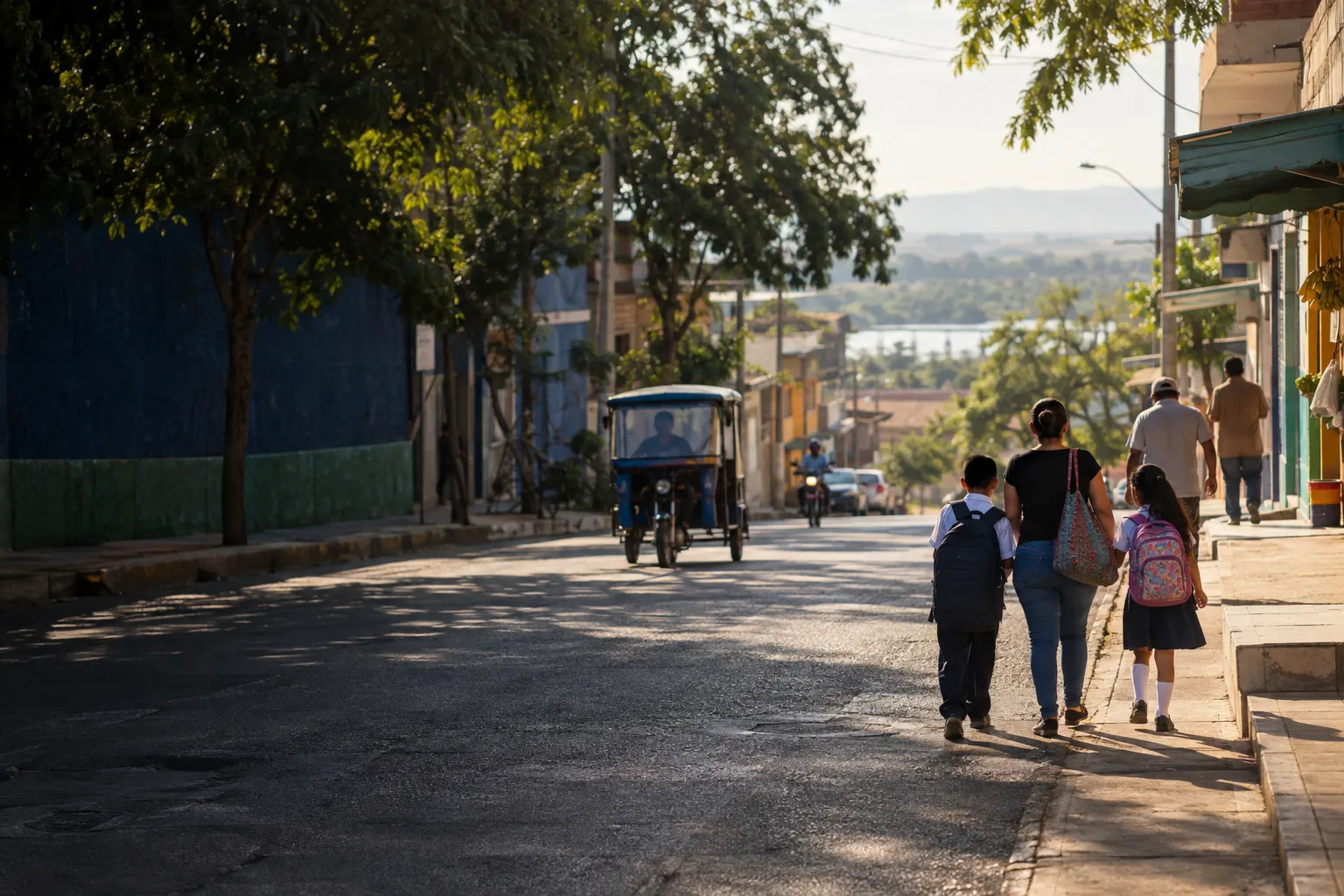 Calle de Sullana con mototaxi, árboles y vecinos caminando