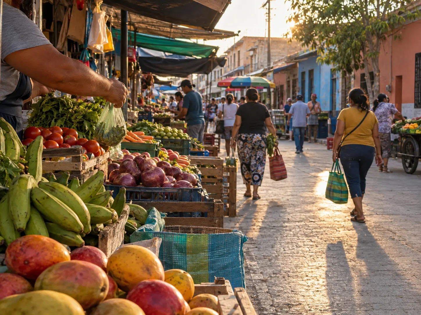 Mercado de barrio con frutas y vecinos en Sullana